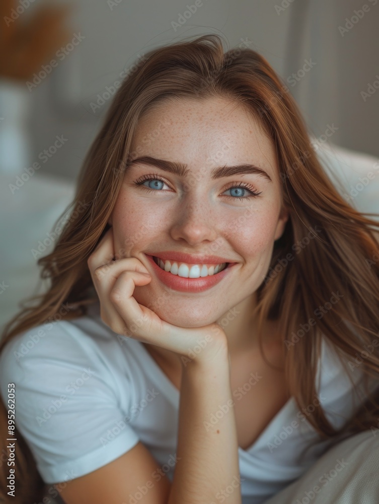 A young woman sits comfortably on the edge of a bed, with a calm and relaxed expression