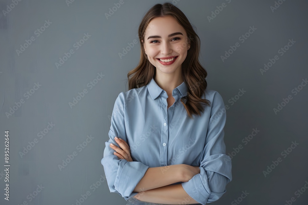 Happy Business Woman in Blue Shirt and Grey Skirt Happy Business Woman in Blue Shirt and Grey Skirt