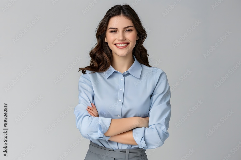 Happy Latina Business Woman in Blue Shirt and Grey Skirt Happy Latina Business Woman in Blue Shirt and Grey Skirt