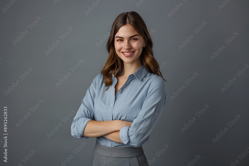 Happy Latina Business Woman in Blue Shirt and Grey Skirt Happy Latina Business Woman in Blue Shirt and Grey Skirt