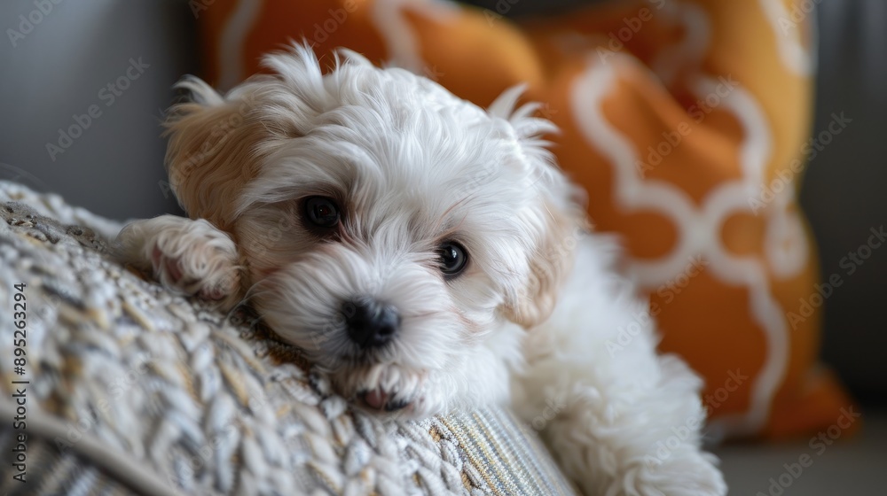 Close up of adorable white puppy resting on cushion Close up of adorable white puppy resting on cushion