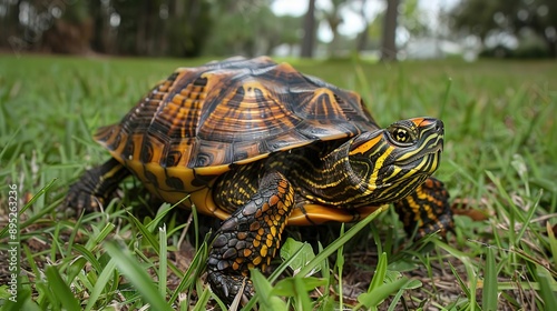 A Close Up Photo of a Painted Turtle in Grass