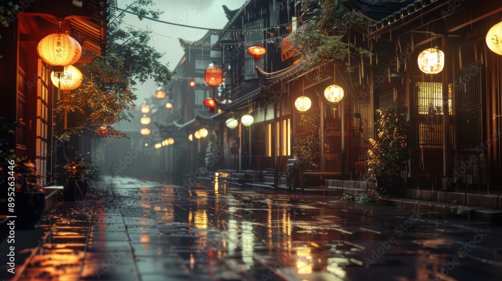 Naklejka premium Japan street at night with hanging light bulbs