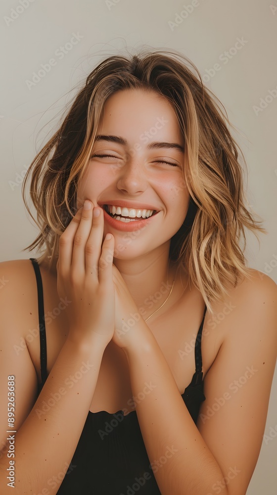 Fototapeta premium Young woman smiling at the camera with a hand on her mouth