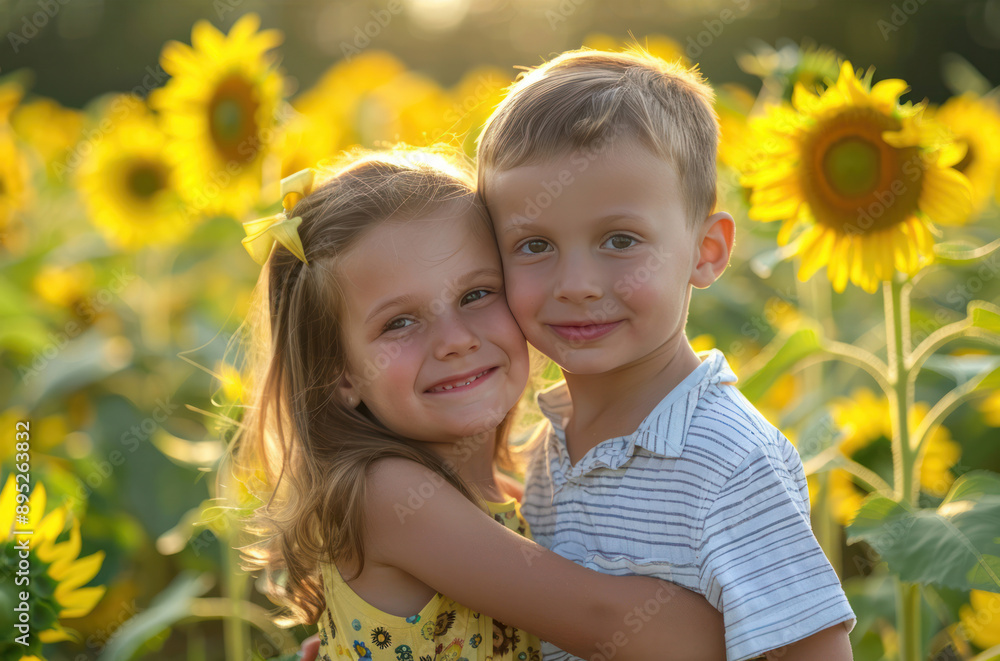 Portrait of little girl and boy on a yellow sunflower field close-up Portrait of little girl and boy on a yellow sunflower field close-up