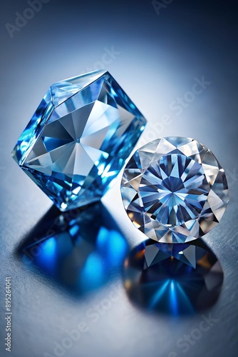 Close up of a pare of blue and white diamonds of different cuts with shadows.