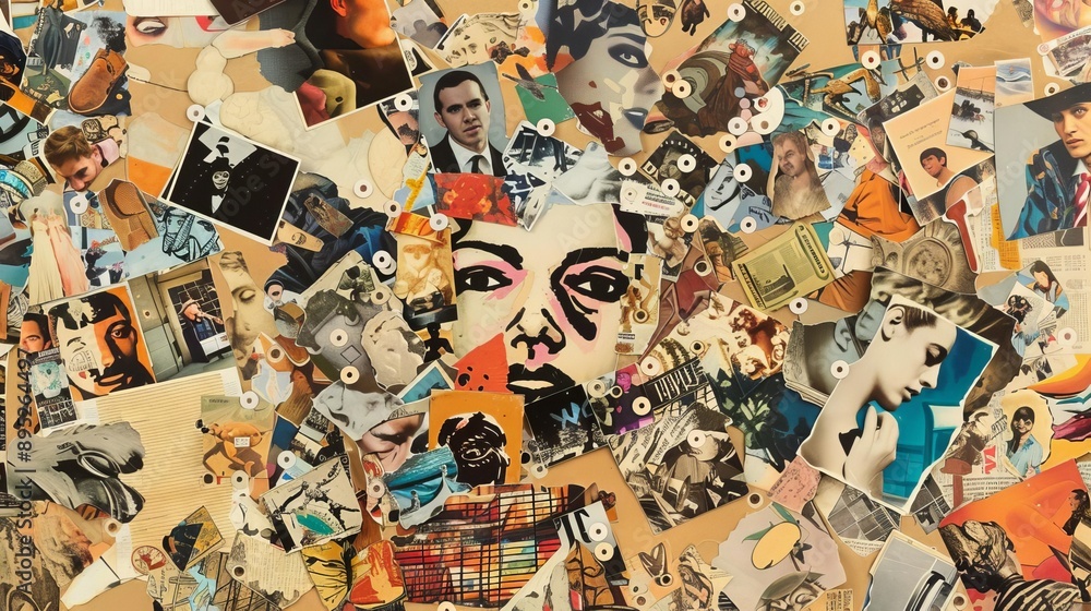 Philosophical Dadaism Chaotic collage of random images on a beige background Philosophical Dadaism Chaotic collage of random images on a beige background