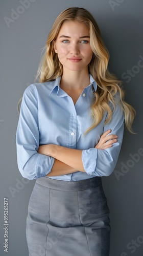 Smiling young blonde businesswoman in blue shirt and grey skirt with arms crossed.