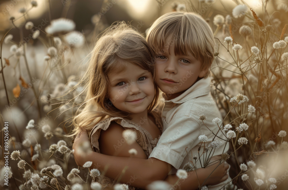 Portrait of little girl and boy on a field close-up on a blurred background Portrait of little girl and boy on a field close-up on a blurred background