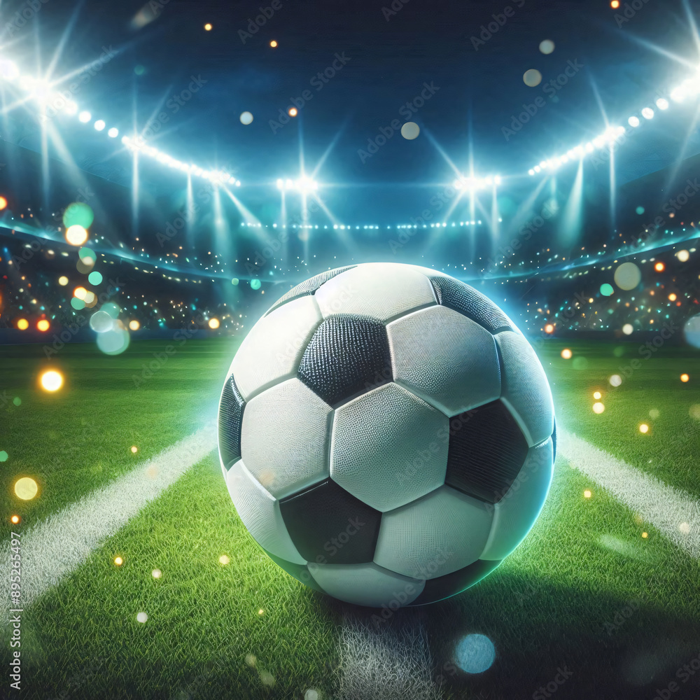 Obraz premium A lone soccer ball rests on a green field with a majestic stadium in the distance. Generative AI.