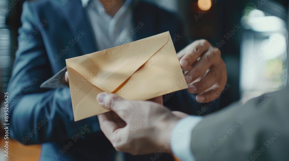 Two people exchanging documents Two people exchanging documents