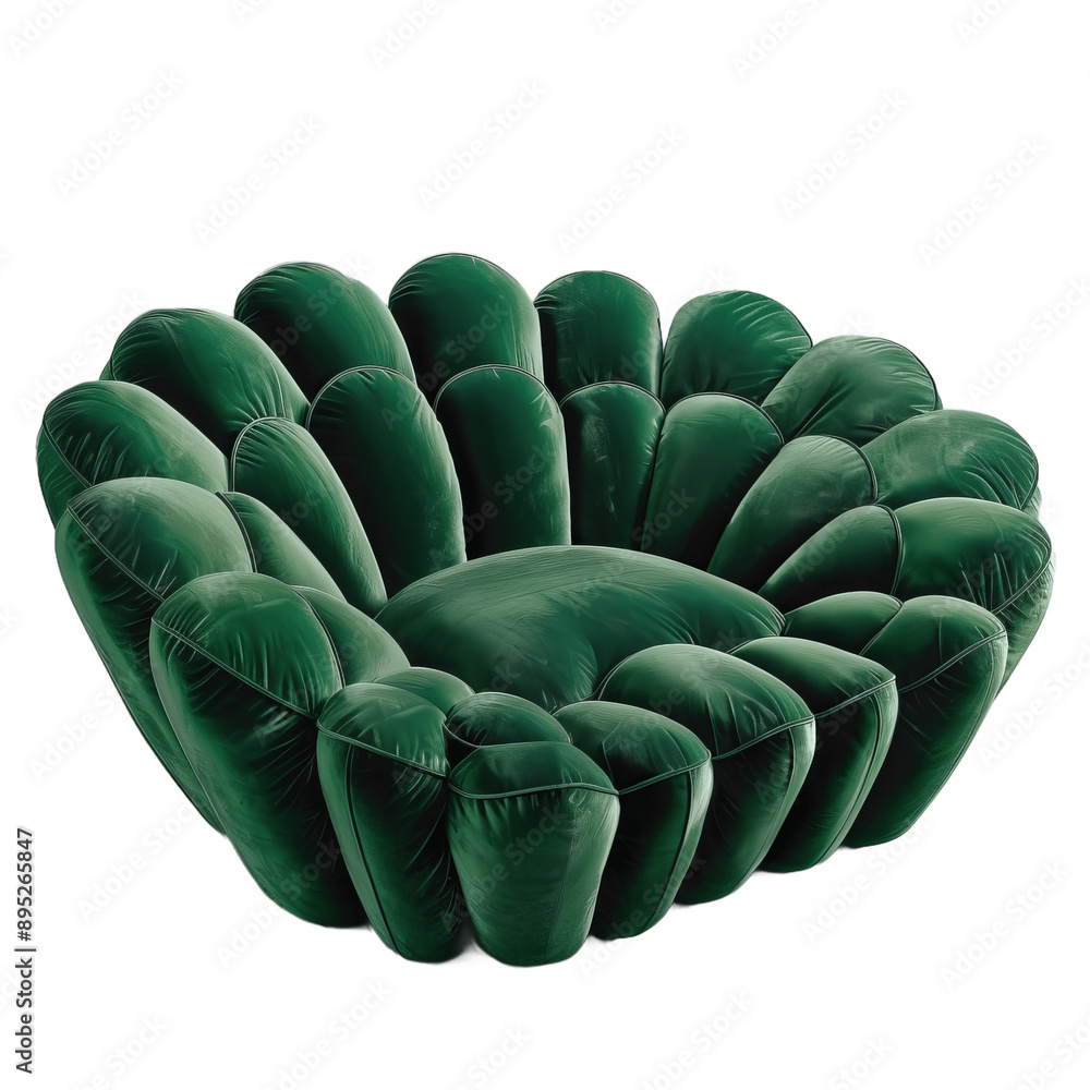 Obraz premium Stylish modern dark green sofa in the shape of a flower Emerald velvet sofa Sofa isolated on transparent background