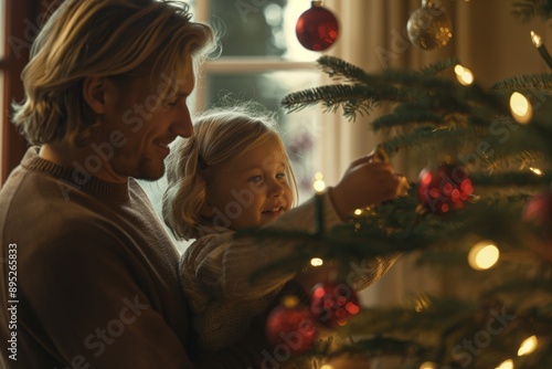 A father and his daughter are joyfully decorating a Christmas tree, strengthening their bond and creating cherished memories. Their cozy, festive home is filled with love and happiness