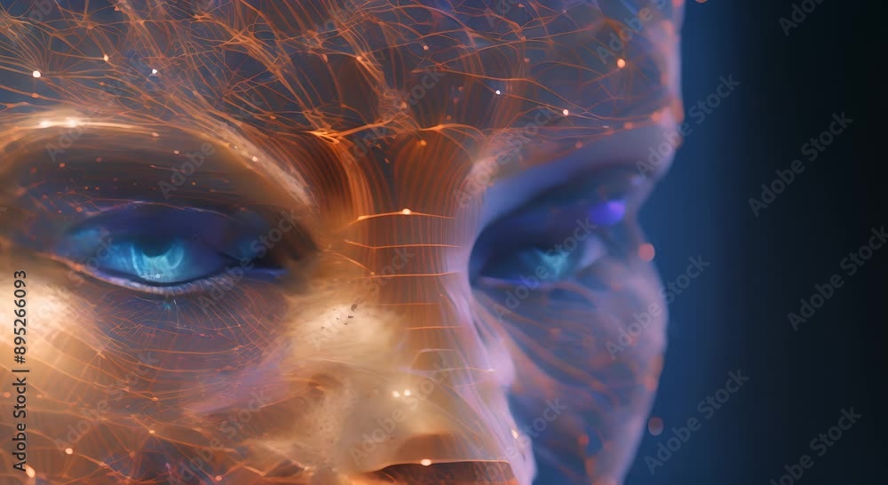 A holographic representation of a human head rendered in blue and orange hues with a network of lines and dots forming the image 4k animation A holographic representation of a human head rendered in blue and orange hues with a network of lines and dots forming the image 4k animation