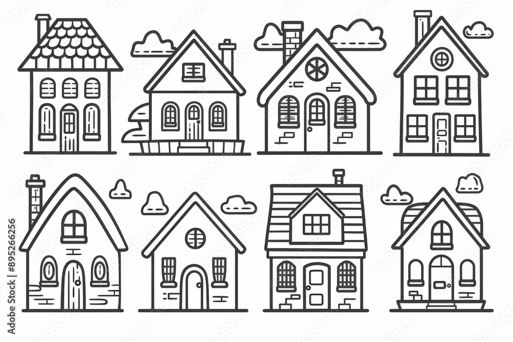 Serene minimalistic outlines of houses with tranquil ambiance in monochromatic hues Serene minimalistic outlines of houses with tranquil ambiance in monochromatic hues