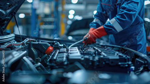 An auto mechanic working on the battery of an electric car, with focus and depth blur effect