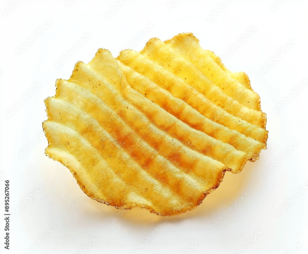 Delicious potato chips, isolated on white background. One rifle potato chip close up image with a place for text. Delicious potato chips, isolated on white background. One rifle potato chip close up image with a place for text.