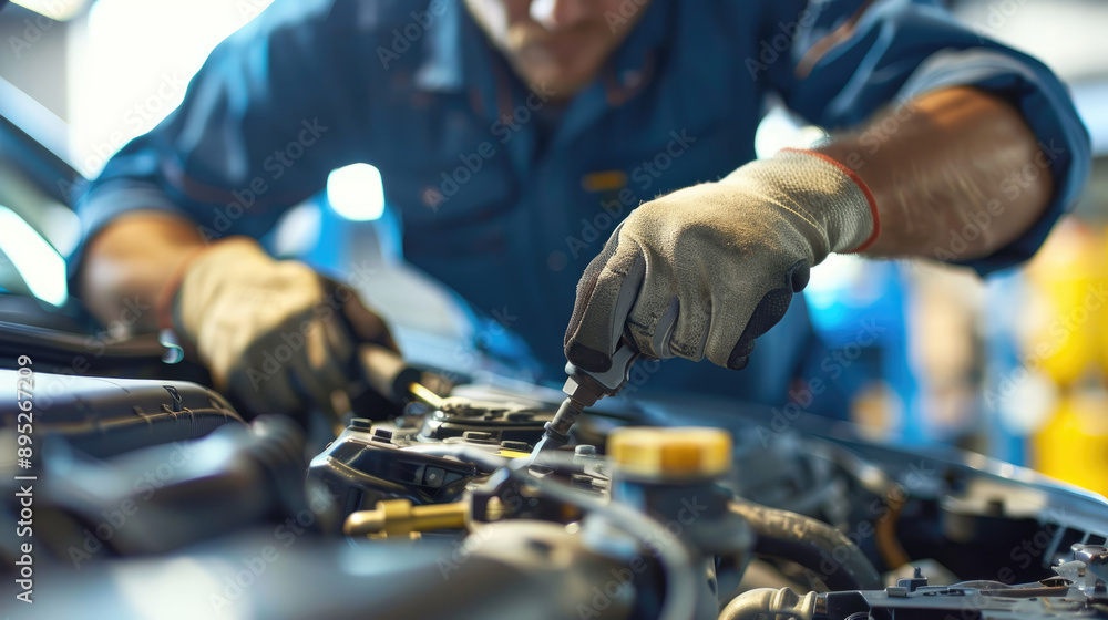 An auto mechanic working on the battery of an electric car, with focus and depth blur effect An auto mechanic working on the battery of an electric car, with focus and depth blur effect