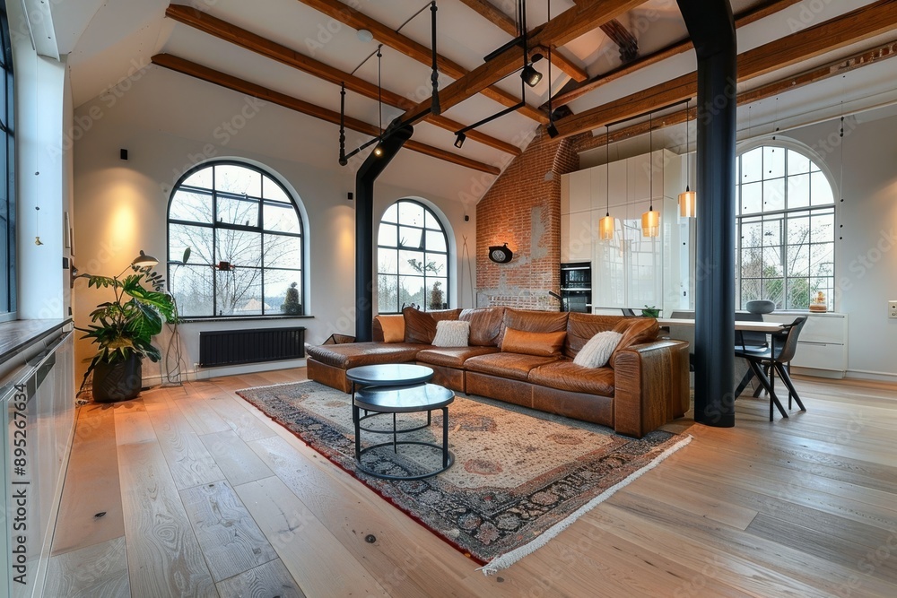 Luxury living room with large windows and fireplace. Northwest, USA Luxury living room with large windows and fireplace. Northwest, USA