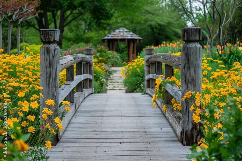 A wooden bridge walkway surrounded by yellow flowers - generative ai A wooden bridge walkway surrounded by yellow flowers - generative ai