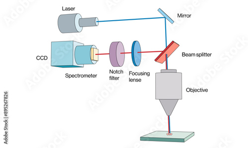 Detailed Vector Illustration of Surface Enhanced Raman Spectroscopy (SERS) Principle and Instrumentation on White Background.