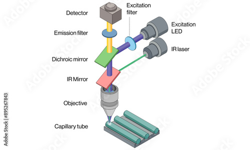Microscale Thermophoresis Principles and Instrumentation Detailed Vector Illustration in White Background, Molecular Interaction, Lab Techniques.