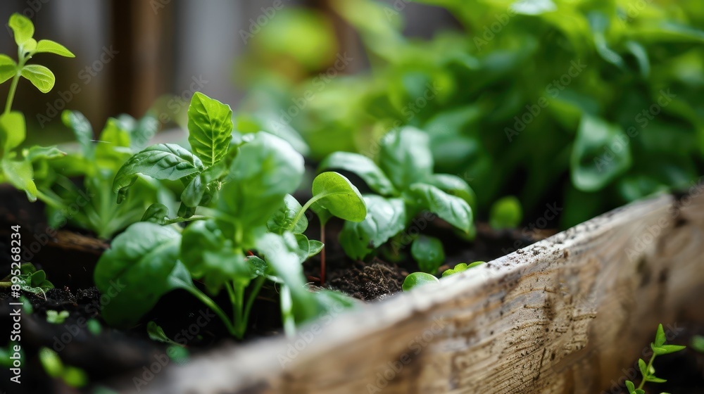 A close-up shot of healthy green leaves growing in a wooden garden box, showcasing the vibrancy and potential of new growth in a well-maintained garden. A close-up shot of healthy green leaves growing in a wooden garden box, showcasing the vibrancy and potential of new growth in a well-maintained garden.