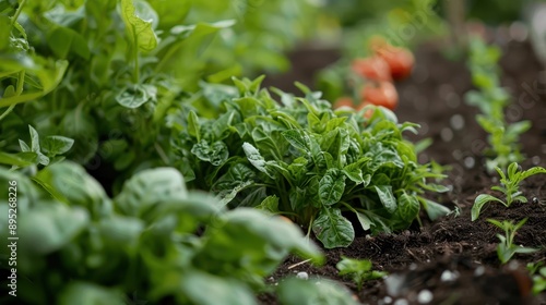 Wallpaper Mural This image features spinach plants growing vigorously in an outdoor vegetable garden, with lush green leaves surrounded by soil, representing healthy and sustainable farming. Torontodigital.ca