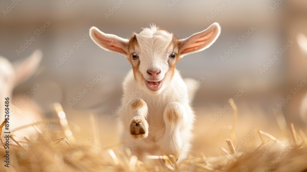 A lively young goat is captured mid-hop, expressing its joy and playful nature. The sunlight enhances the bright and cheerful outdoor setting, emphasizing the goat’s energy. A lively young goat is captured mid-hop, expressing its joy and playful nature. The sunlight enhances the bright and cheerful outdoor setting, emphasizing the goat’s energy.