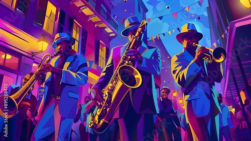 A vibrant live jazz performance featuring musicians playing piano, double bass, and percussion instruments in an intimate, dimly lit setting.