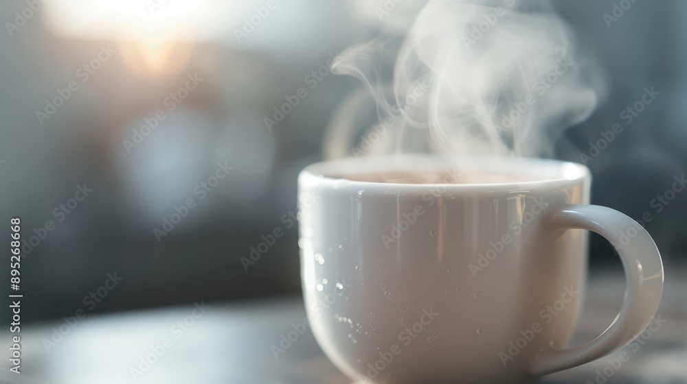 A detailed close-up of a steaming white mug with condensation droplets on the side, sitting on a table, capturing a sense of warmth, relaxation and a cozy atmosphere.