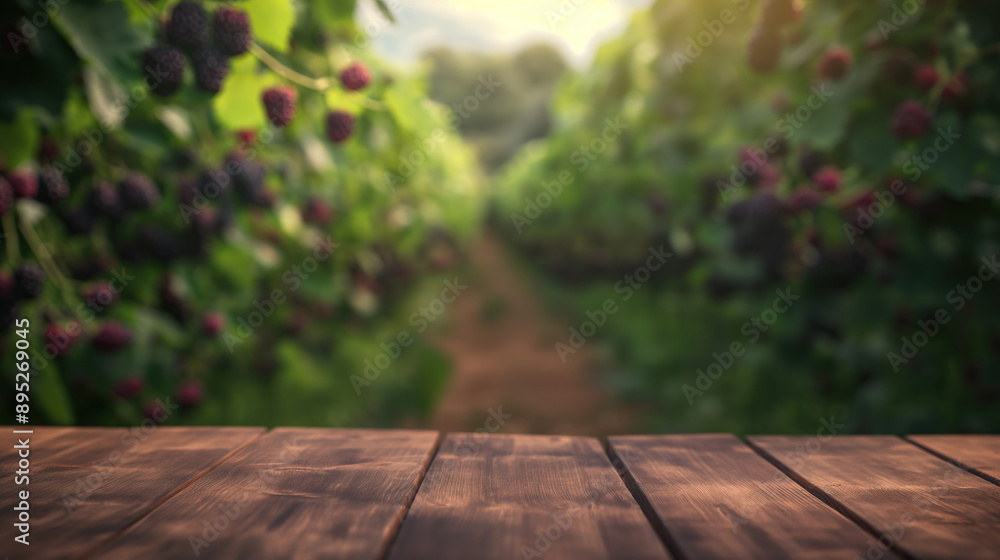 close up of empty wooden table with blurred blackberry farm field background close up of empty wooden table with blurred blackberry farm field background