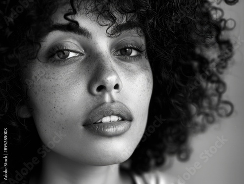 Close-up portrait of a woman with freckles on her face