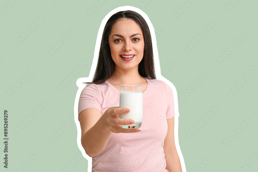 Beautiful young woman with glass of milk on mint background Beautiful young woman with glass of milk on mint background