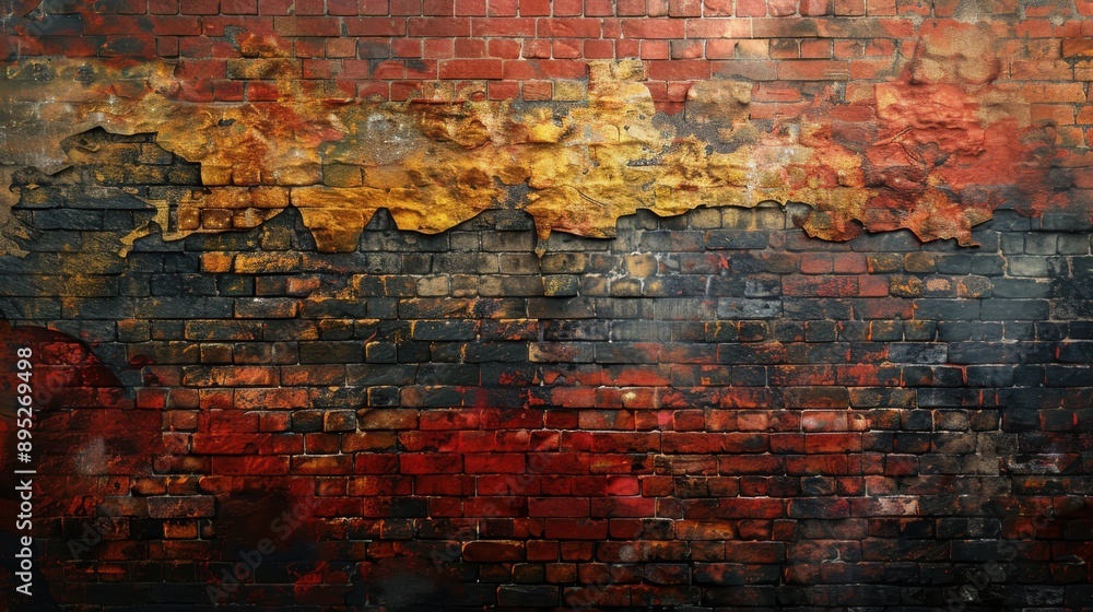 Weathered brick wall with peeling paint and textured surface. Weathered brick wall with peeling paint and textured surface.