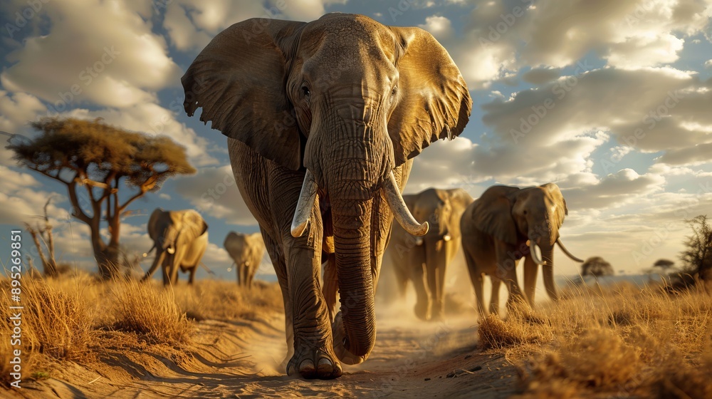 Fototapeta premium Amazing Line of Elephants Marching Against Landscape at Amboseli, Kenya