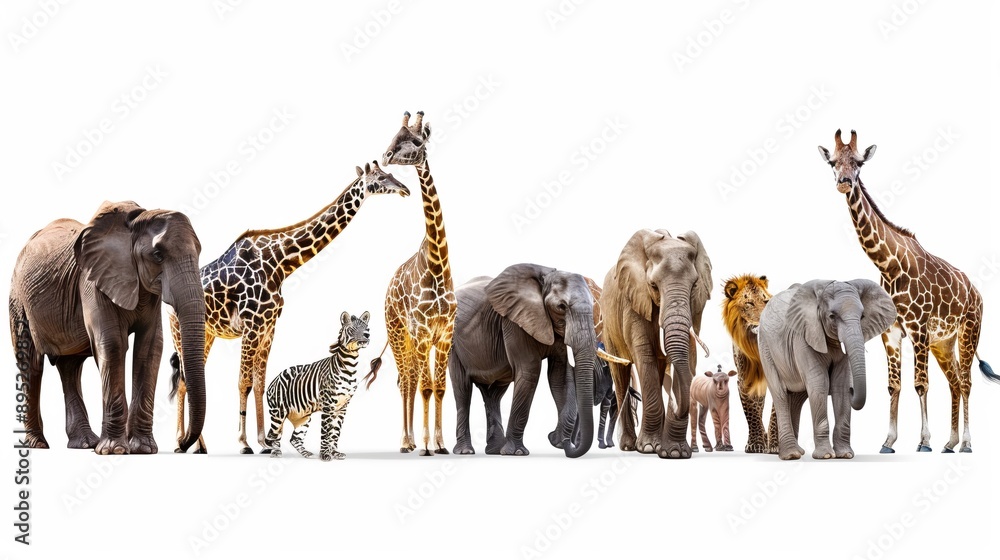 Fototapeta premium Large group of African fauna, safari wildlife animals together, in a row, isolated