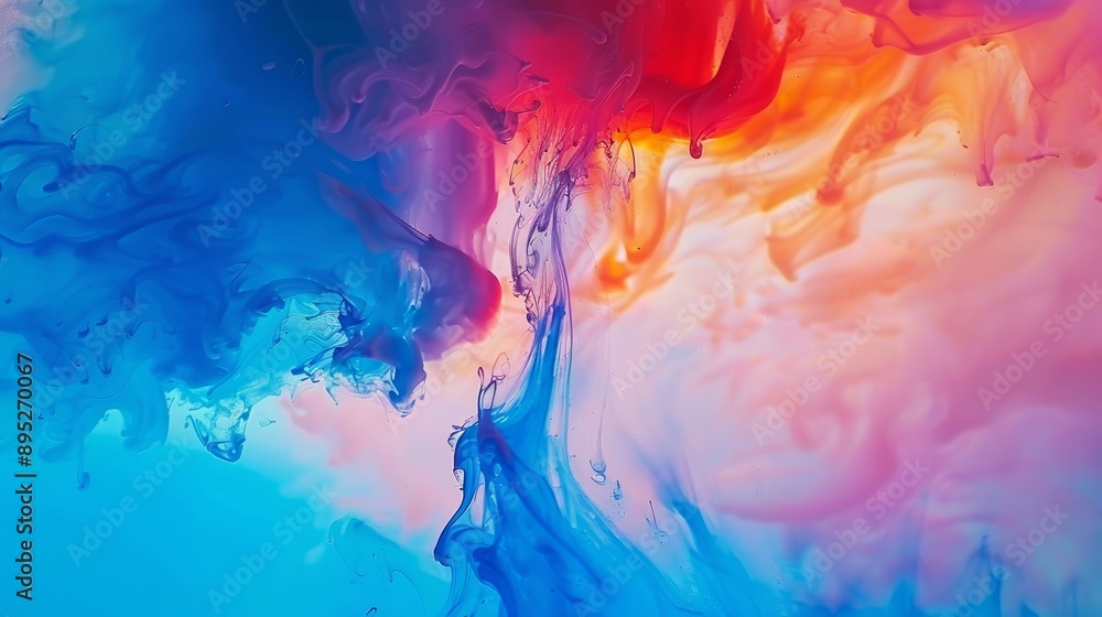 Vibrant ink blending to form abstract patterns and shapes against a white backdrop Vibrant ink blending to form abstract patterns and shapes against a white backdrop