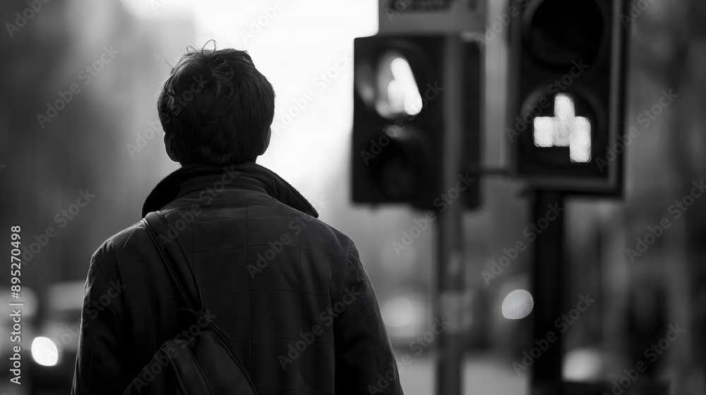 Man crossing the street and in front of him, a traffic light, highlighting the uncertainty of color blindness when interpreting red and green signals Man crossing the street and in front of him, a traffic light, highlighting the uncertainty of color blindness when interpreting red and green signals