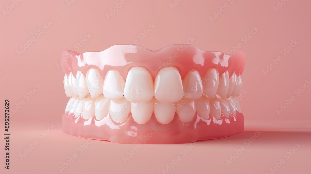 Fototapeta premium Full set of dentures on pink background