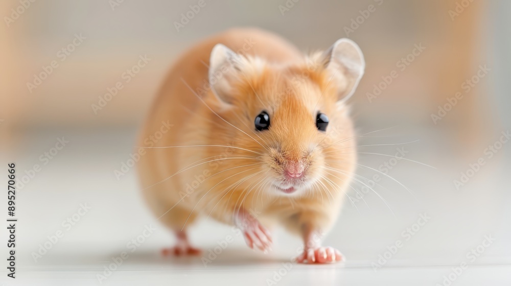A closeup image of a walking hamster, looking straight ahead with an inquisitive expression, emphasizing its adorable features and playful nature. A closeup image of a walking hamster, looking straight ahead with an inquisitive expression, emphasizing its adorable features and playful nature.