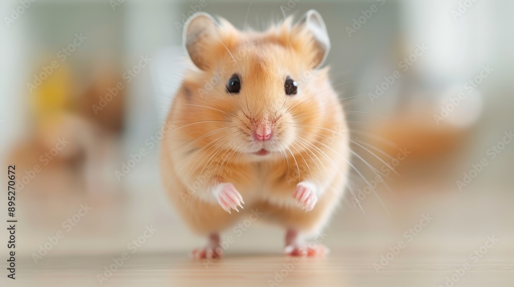 Fototapeta premium An adorable hamster stands and looks slightly forward, highlighting its inquisitive nature and tiny, delicate features in a well-lit and peaceful environment.