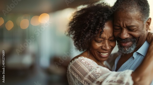 An elderly couple tightly embracing each other with broad smiles, captured in a warm, intimate moment reflecting love, companionship, and happiness in their relationship. photo