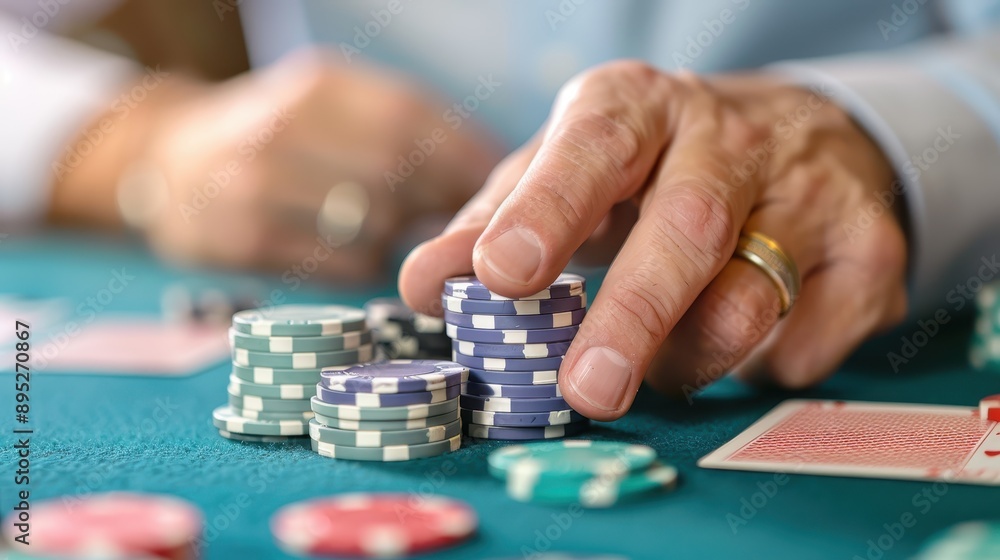 Close-up of a hand with a gold ring stacking poker chips on a green table, indicating a gambling or poker game environment filled with focus and strategy. Close-up of a hand with a gold ring stacking poker chips on a green table, indicating a gambling or poker game environment filled with focus and strategy.