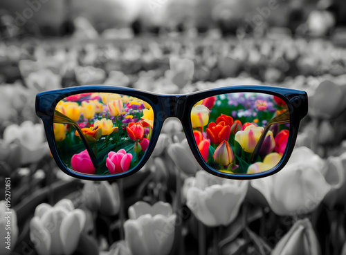 Concepto del Día de Concientización sobre el Daltonismo con anteojos que muestran tulipanes coloridos sobre un fondo en escala de grises, resaltando la diferencia en la percepción del color