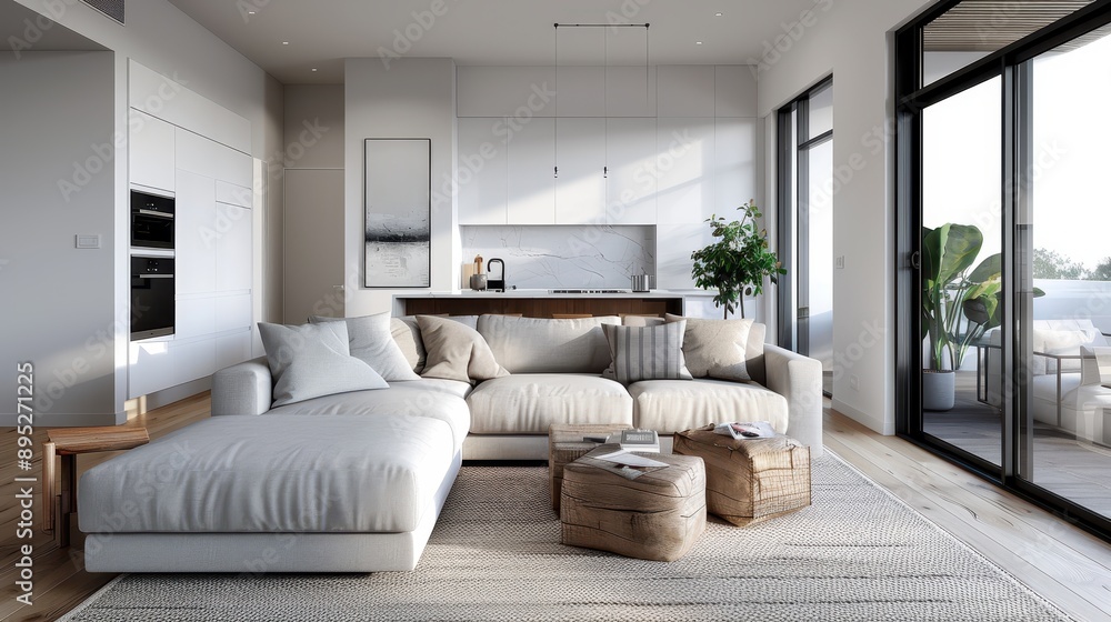 Fototapeta premium A bright and spacious modern living room featuring a plush beige sofa, wooden coffee tables, decor elements, large windows, and an open kitchen in the background.