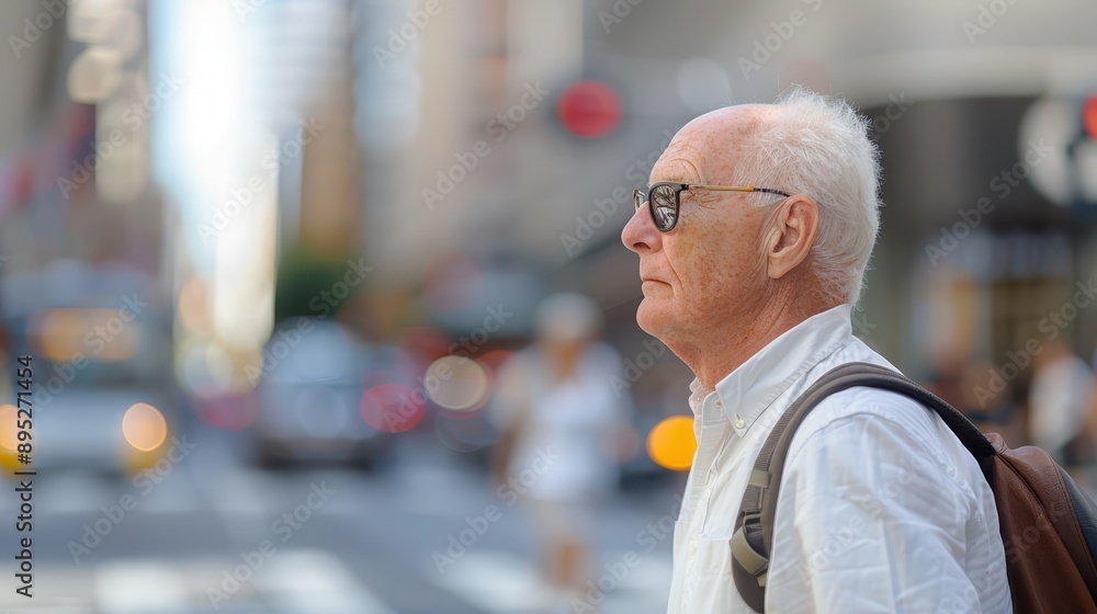 An elderly man wears a backpack and crosses a busy city street in the afternoon, symbolizing urban life and the contrasts between age and the bustling environment. An elderly man wears a backpack and crosses a busy city street in the afternoon, symbolizing urban life and the contrasts between age and the bustling environment.