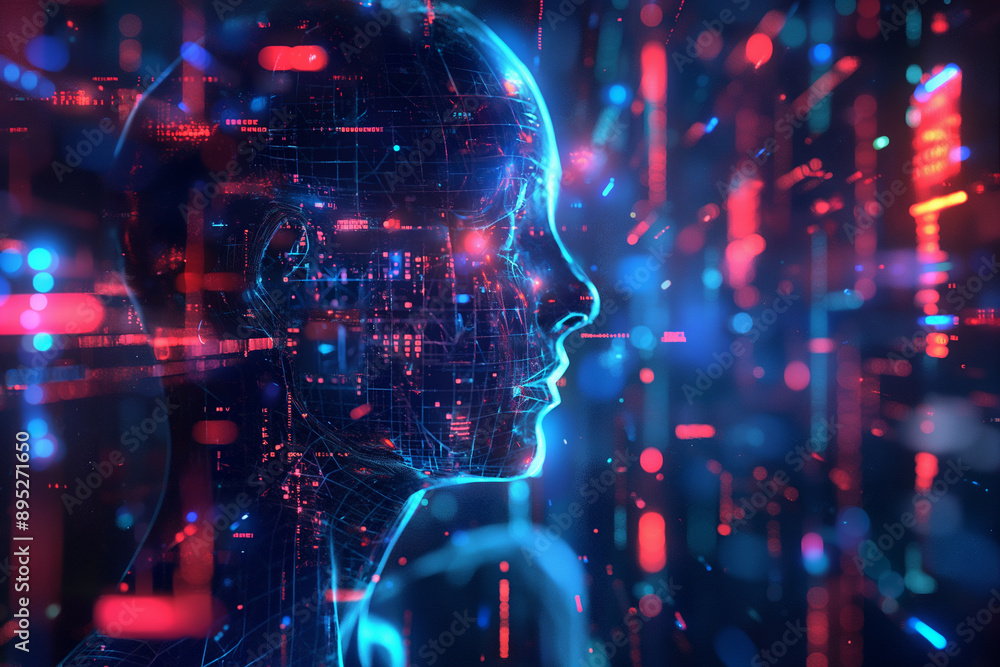 An abstract face emerges against a futuristic background, symbolizing the integration of artificial intelligence An abstract face emerges against a futuristic background, symbolizing the integration of artificial intelligence