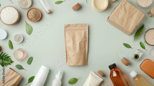 An assortment of eco-friendly and sustainable packaging options displayed on a table, featuring recyclable materials and zero-waste solutions for environmentally-conscious consumers. photo