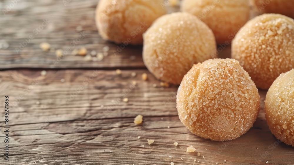 Sweet ball cookies displayed on a wooden surface Sweet ball cookies displayed on a wooden surface